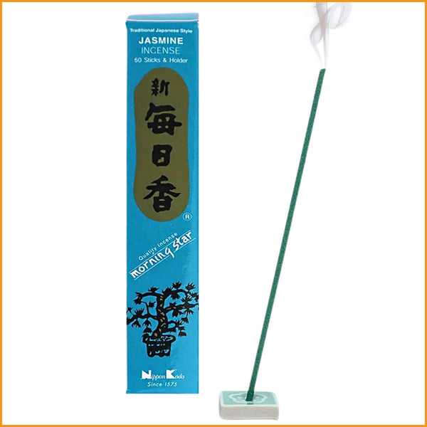 Japanische Räucherstäbchen Jasmin von Morning Star, naturreine Duftstäbchen ohne Bambuskern mit Keramikhalter.