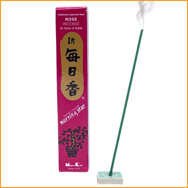 Japanische Räucherstäbchen Rose von Morning Star, naturreine Duftstäbchen ohne Bambuskern mit Keramikhalter.