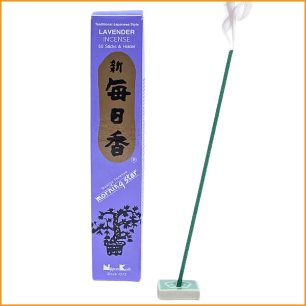 Japanische Räucherstäbchen Lavendel von Morning Star, naturreine Duftstäbchen ohne Bambuskern mit Keramikhalter.
