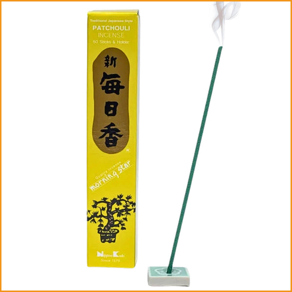 Morning Star Patchouli Räucherstäbchen, 50 Stück ohne Bambuskern, inklusive kleinem Keramikhalter.