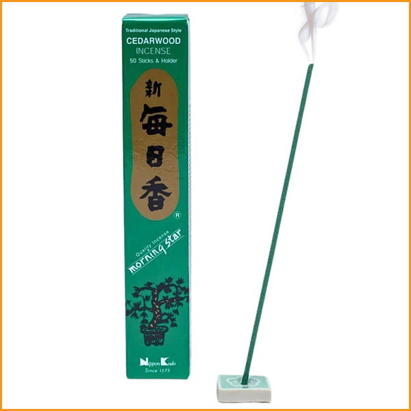 Japanische Räucherstäbchen Zedernholz von Morning Star, naturreine Duftstäbchen ohne Bambuskern mit Keramikhalter.