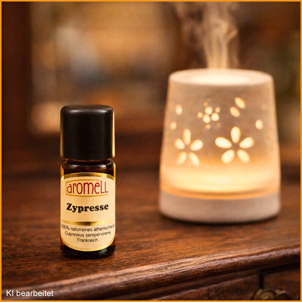 Kleine Flasche Aromell Zypressenöl auf antiker Holzkommode, daneben leuchtender Aromadiffuser mit aufsteigendem Dampf – warme, gemütliche Wohnatmosphäre.