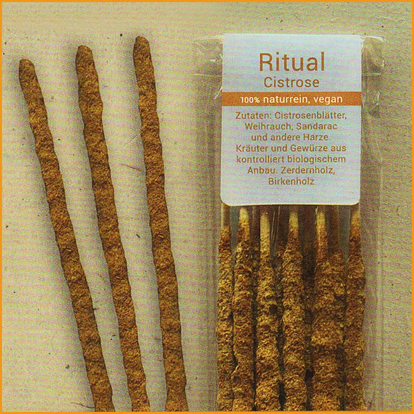 Ritual‑Räucherstäbchen Cistrose von Elbenzauber, naturreine vegane Räucherstäbchen aus Harzen, Kräutern und Hölzern, neben der geöffneten Verpackung liegend