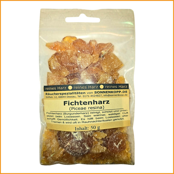 Fichtenharz (Burgunderharz) in transparenter 50 g‑Tüte von SONNENKOPP.DE – reines Räucherharz mit warmem, waldigem Duft, ideal für Rituale und Hausreinigungen.