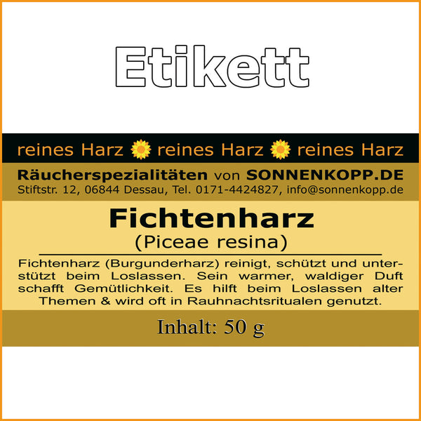 Etikett des Fichtenharz (Burgunderharz) von SONNENKOPP.DE – reines Harz mit Beschreibung seiner reinigenden, schützenden und loslassenden Wirkung, Inhalt 50 g.