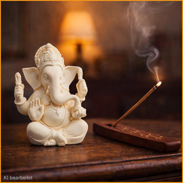 Kleine Ganesha‑Figur aus hellem Resin auf antiker Holzkommode, daneben glimmendes Räucherstäbchen im Halter - warme, gemütliche Wohnatmosphäre mit Fokus auf die 11 cm hohe Skulptur.