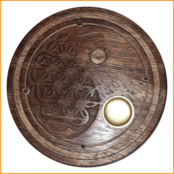 Räucherstäbchenhalter rund Holz Yin und Yang Blume des Lebens